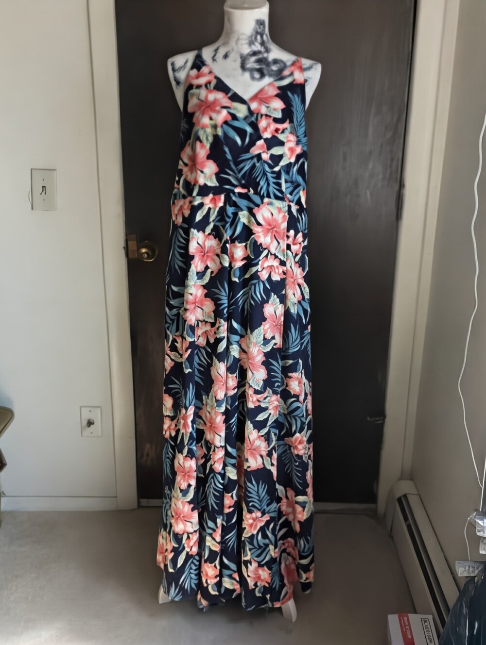 Navy Floral Maxi Dress with Pink Hibiscus Print